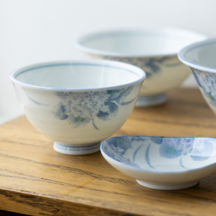 日本进口美浓烧绣球花釉下彩碗盘餐具日式 米饭碗菜盘碟子鱼盘汤碗