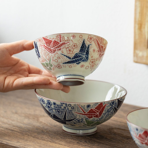 日本进口美浓烧千纸鹤陶瓷碗餐具日式米饭碗家用釉下彩复古汤碗