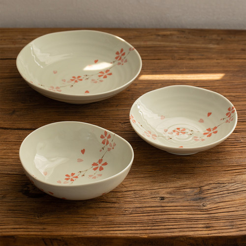 日本进口美浓烧樱花餐具日式米饭碗深菜盘骨碟家用釉下彩碗盘碟