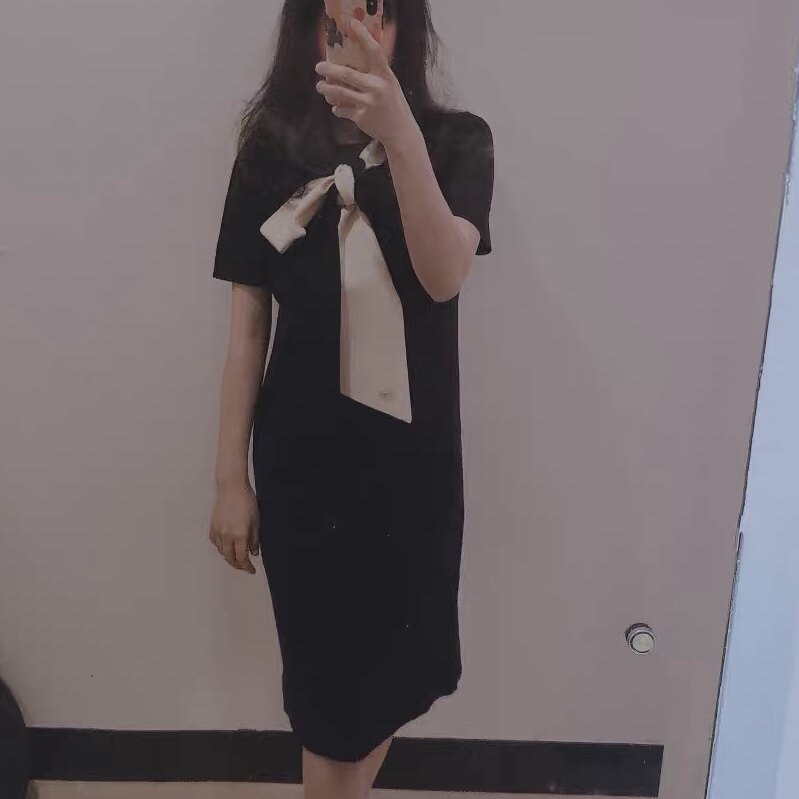 春季名媛风飘带拼接撞色气质简约连衣裙针织短袖宽松H型显瘦中裙