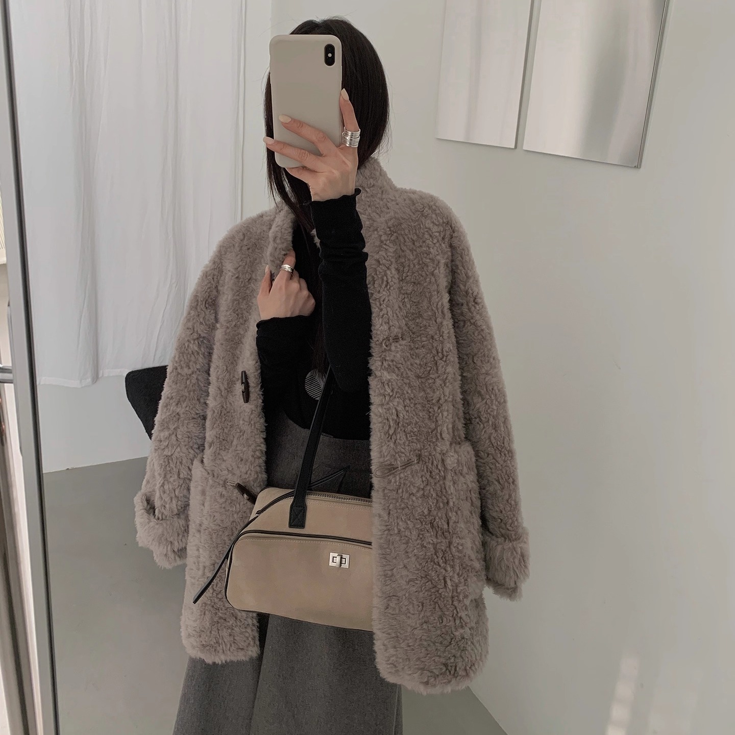 100%绵羊毛上衣韩版立领牛角扣