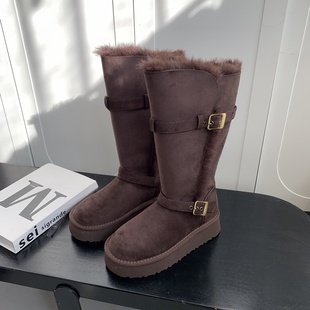 高筒靴6608 新款 冬季 厚底高筒雪地靴女加绒加厚保暖皮带扣长筒棉鞋