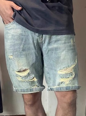 RIFF ROCK 浅白破洞牛仔短裤男痞帅 美式休闲做旧乞丐直筒五分裤