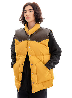 BASIC POWER 秋冬美式复古拼皮PU皮休闲百搭男士背心棉服保暖夹棉