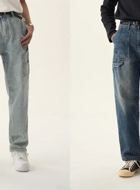 RIFF ROCK 重磅复古水洗纯棉宽松直筒伐木牛仔裤男式工装休闲长裤