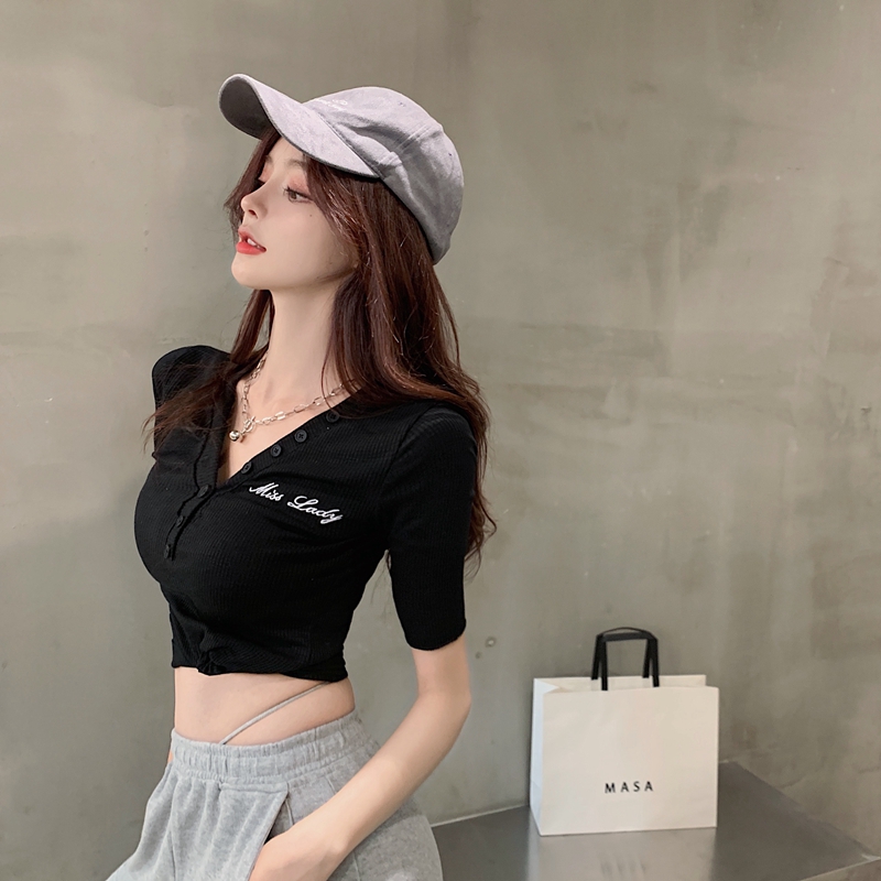 Real Hong Kong spice girl sweet letter embroidery small sexy V-neck short open navel short sleeve T-shirt