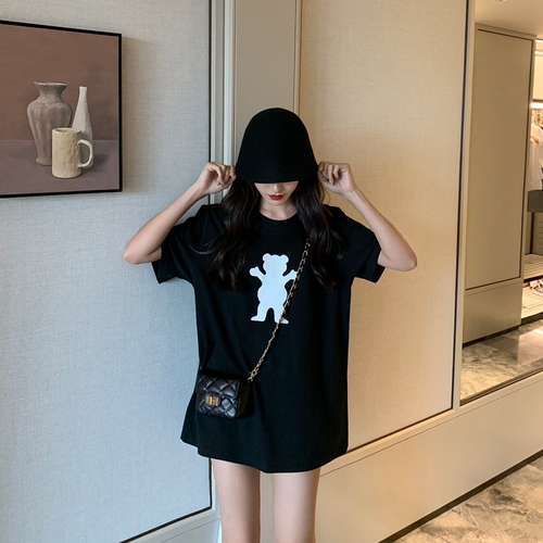 Hong Kong style women's short sleeve Korean cartoon bear loose style couple half sleeve T-shirt trend