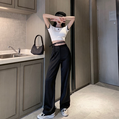 Real photo Hong Kong Style thin silk straight tube floor pants women's high waist loose drape wide leg pants show thin and versatile casual pants