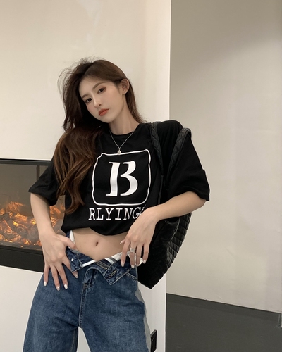 Real shot of summer fashionable B letter printing loose and refreshing cotton mid-length short-sleeved T-shirt ins wide version top trendy