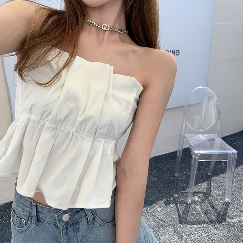 Real shot summer Hong Kong Style gentle wind sexy white pleated anti gloss bra vest feminine slim top