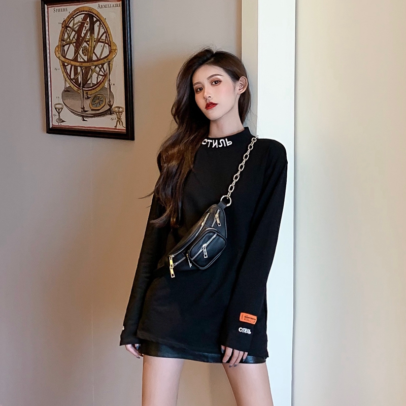 Real shooting autumn and winter new style Hong Kong style embroidery high collar loose men's and women's Long Sleeve Black T-Shirt small sweater