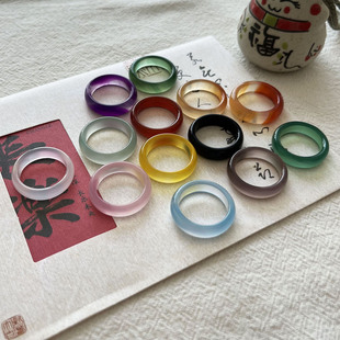 彩色系 天然玉髓玛瑙男女款玉石戒指 黑白蓝红色小众素圈简约指环