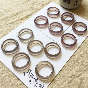 天然高冰灰玉髓戒指 轻奢小众设计感灰紫玉髓指环男女款素圈尾戒