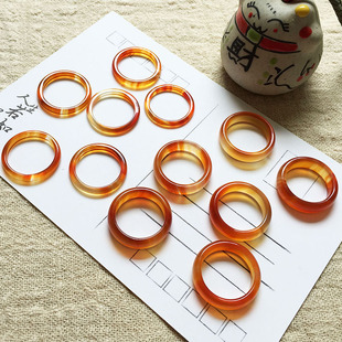 天然暖橘色玉髓戒指 细款橘色玛瑙戒指素圈玉石指环小众设计戒子