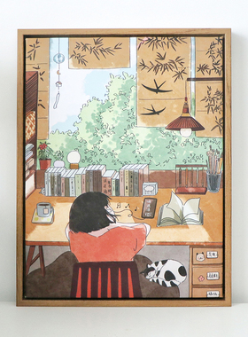 拉面小熊原创家居装饰画客厅玄关书房挂画木框油画框大尺寸插画