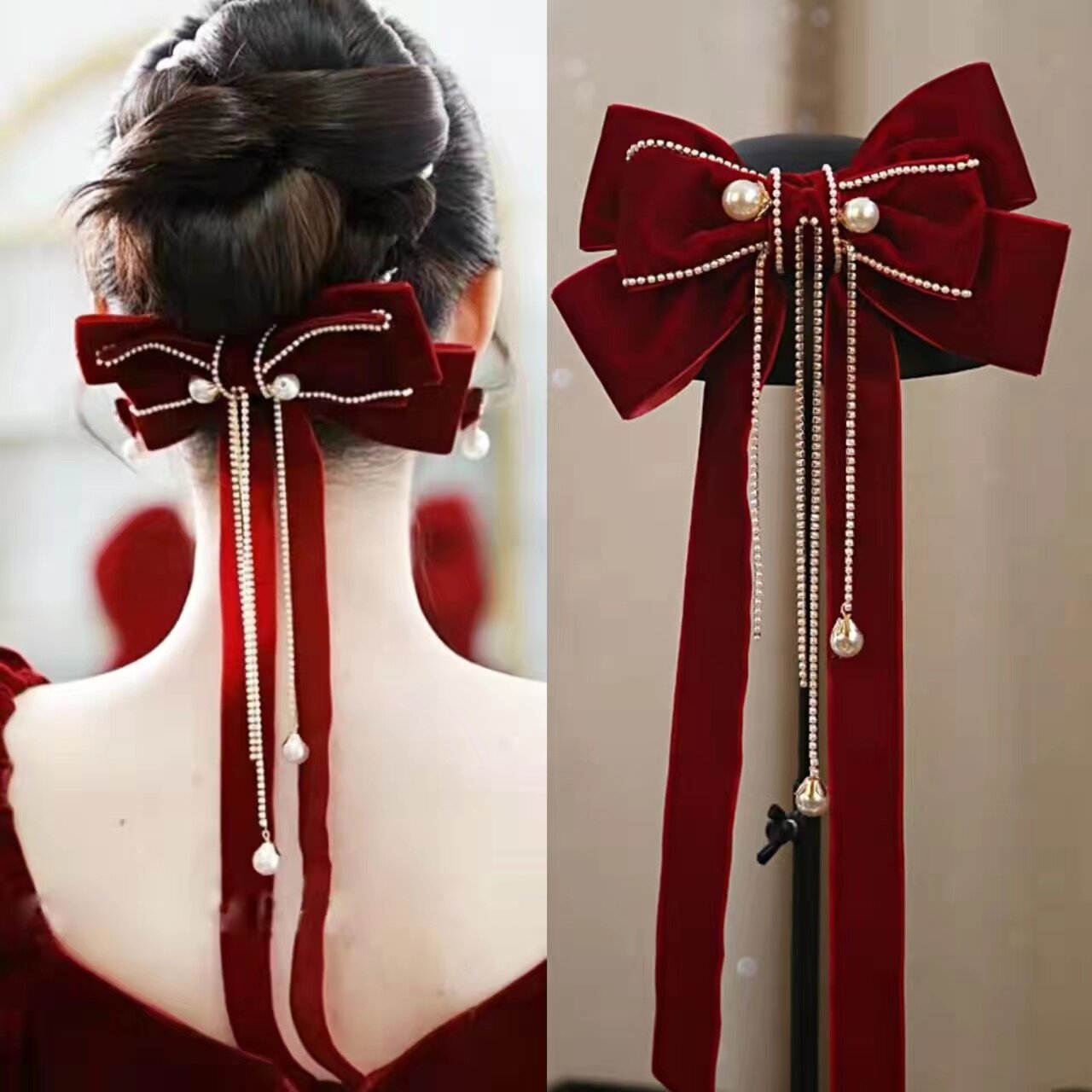 新款敬酒服蝴蝶结头饰简单大气酒红色新娘复古订婚晚宴礼服头发