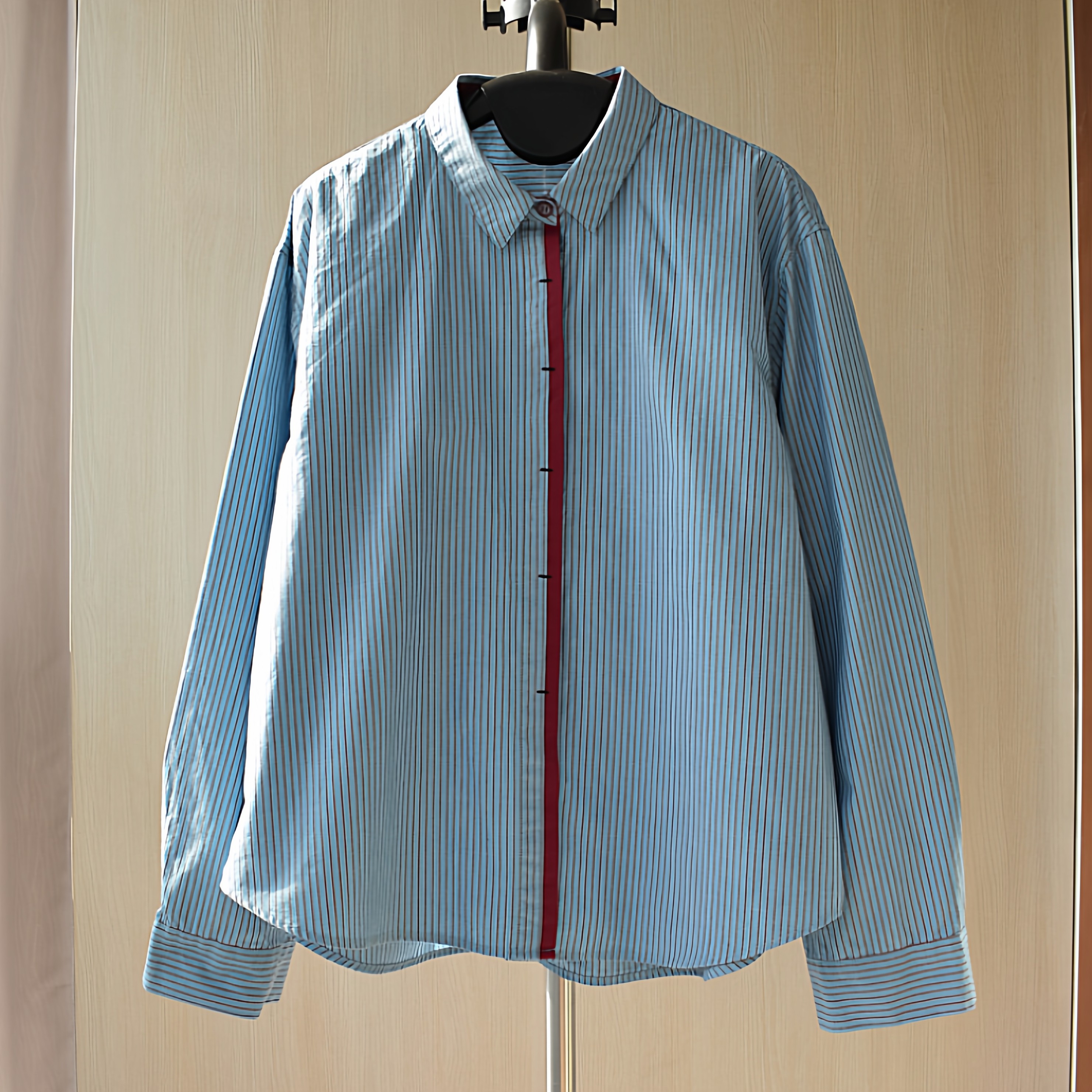 复古蓝色红条纹撞色拼接暗扣翻领长袖纯棉衬衫女春秋时尚叠穿衬衣,女装/女士精品,衬衫,淘宝优惠券,粉丝福利购,淘宝优惠卷