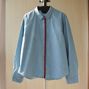 叠穿衬衣 女春秋时尚 复古蓝色红条纹撞色拼接暗扣翻领长袖 纯棉衬衫