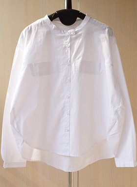 韩版百搭立体剪裁纯棉立领长袖白衬衫前短后长黑色衬衣女2023春装