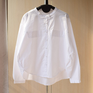前短后长黑色衬衣女2023春装 白衬衫 百搭立体剪裁纯棉立领长袖 韩版