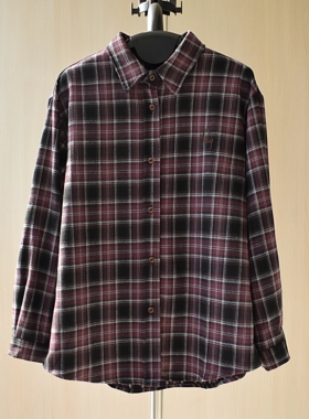 葡萄紫色字母刺绣TR磨毛复古格子衬衫女秋冬叠穿厚实打底格纹衬衣