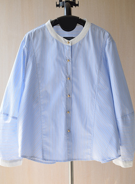 法式复古拼白色立领天蓝色条纹宽松灯笼长袖衬衫女春秋小金扣衬衣