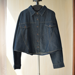 韩版时尚休闲圆弧摆宽松高腰短款长袖针织牛仔衬衫外套小个子上衣