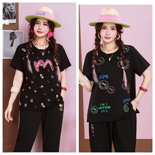 女装 休闲圆领短袖 2026夏季 宽松遮肚显瘦时尚 T恤 200斤胖mm韩版 大码