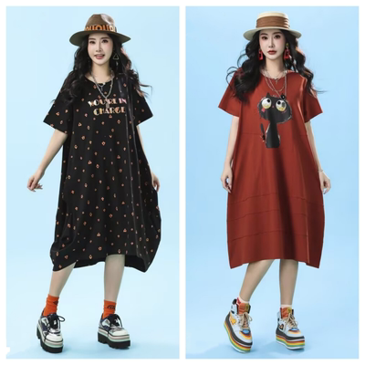 石头鱼大码女夏装宽松短袖连衣裙