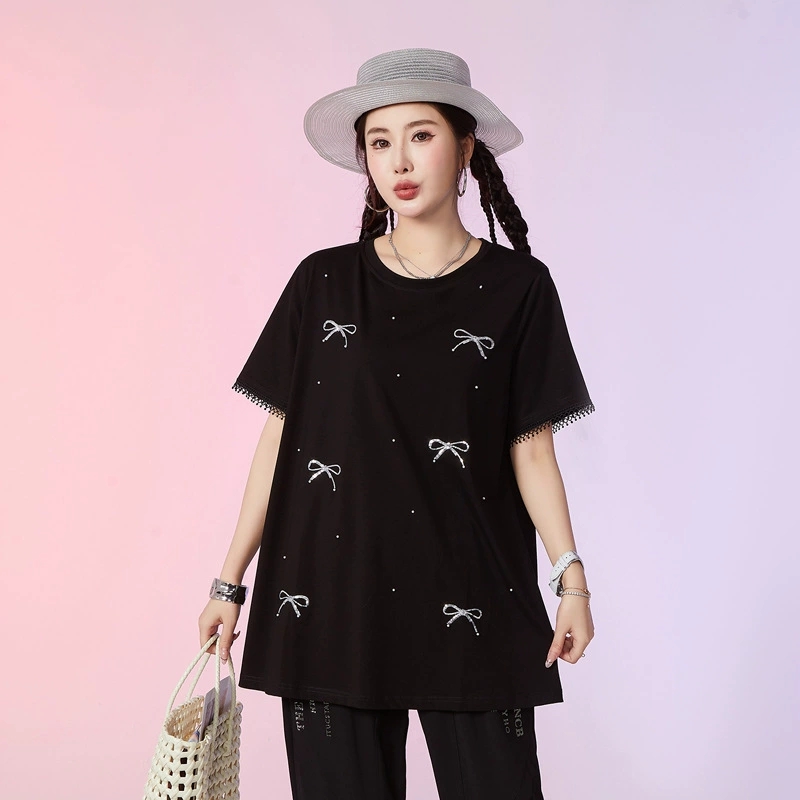 2025大码女夏装新款200斤胖妹妹宽松显瘦时尚休闲圆领短袖纯棉T恤