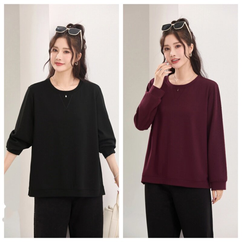 驰爽大码女秋季宽松圆领纯色卫衣