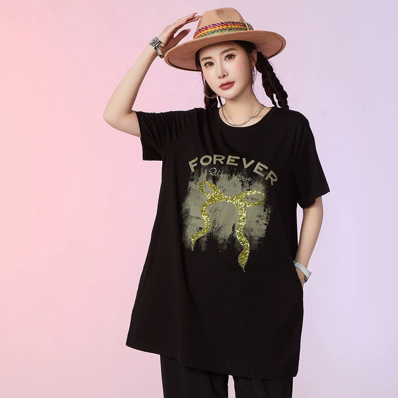 2025大码女夏装新款200斤胖mm宽松显瘦时尚蝴蝶结珠片刺绣短袖T恤
