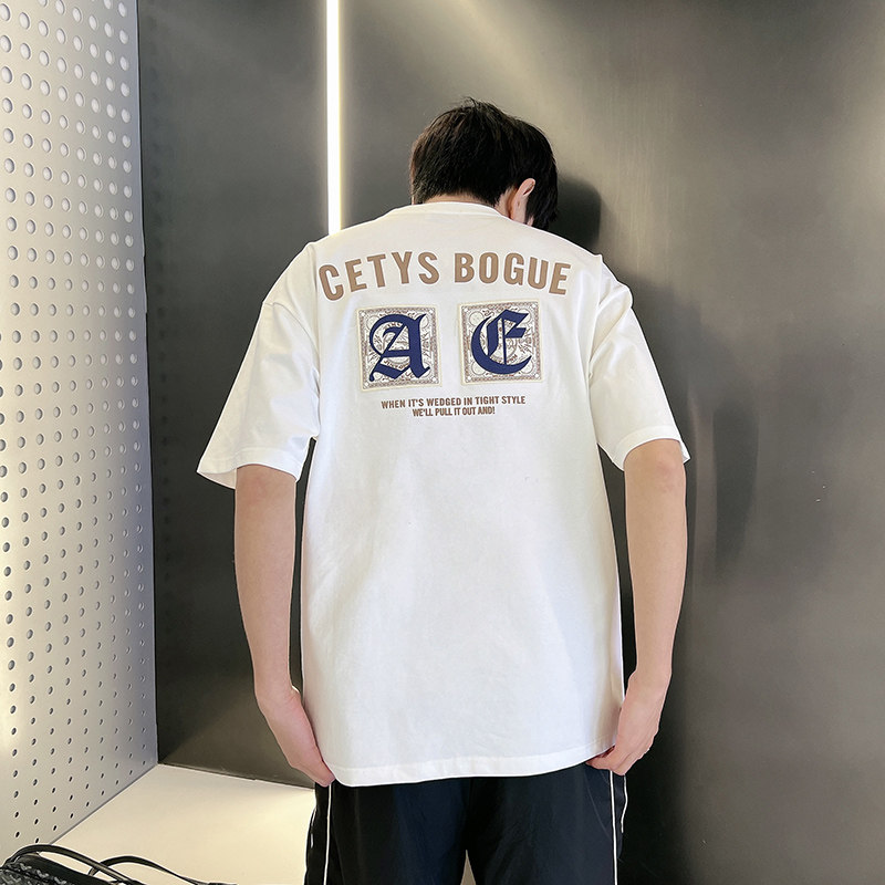 夏季潮男风社会小伙刺绣印花潮牌宽松短袖T恤-2T830-特P48控68,男装T恤,电商A400-1（原B352）