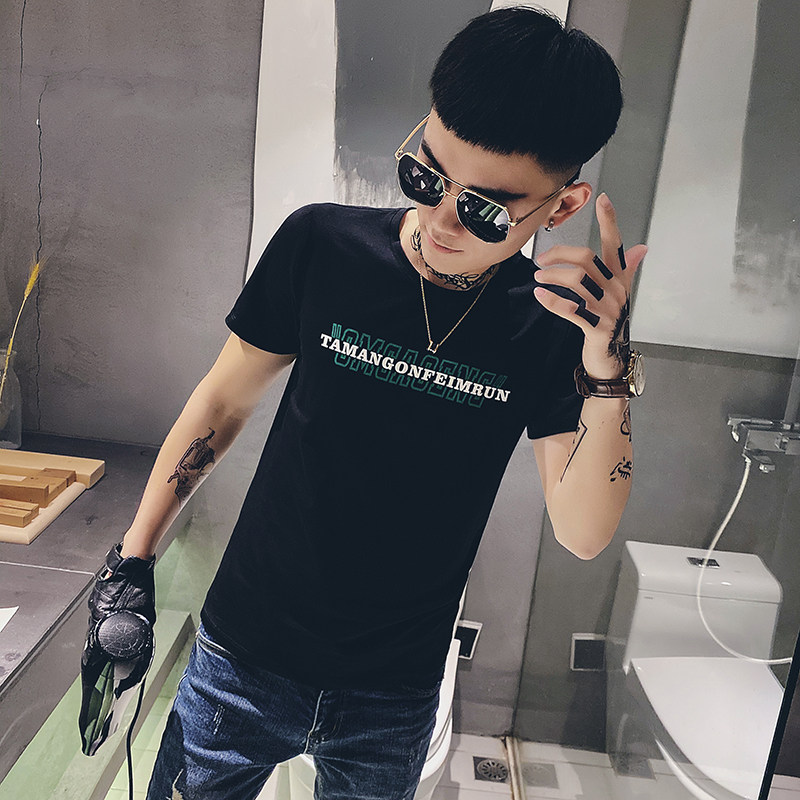 24新款社会小伙后背印花圆领男上衣社会人短袖T恤3 T320-P38 控58图片