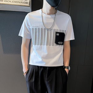 T705-P48 夏季新款潮男竖条纹印花短袖T恤痞帅潮流上衣-5 控68图片