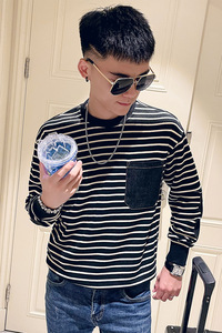 秋装新款社会小伙圆领牛仔口袋条纹个性长袖卫衣1 W187-P68控98图片