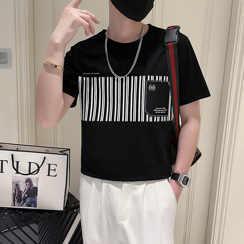 T705-P48 夏季新款潮男竖条纹印花短袖T恤痞帅潮流上衣-3 控68图片