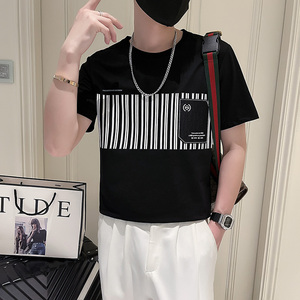 T705-P48 夏季新款潮男竖条纹印花短袖T恤痞帅潮流上衣-3 控68图片
