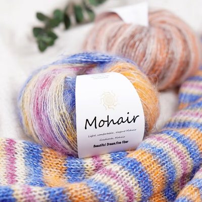 渐变真丝段染马海毛毛线团手工编织毛衣围巾diy披肩线宝宝彩虹线