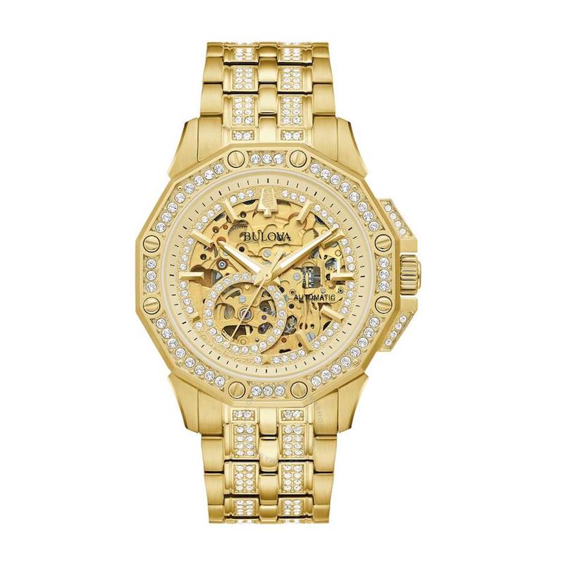 代购BULOVA宝路华男士腕表自动夜光小秒盘透底金属钢带镶钻金色商