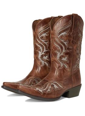 代购ARIAT女士牛仔靴防滑耐油耐用耐磨方形鞋头块状跟侧边拉环