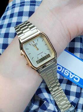 代购casio方块表卡西欧AQ230GA双显复古小金表中性男女情侣手表