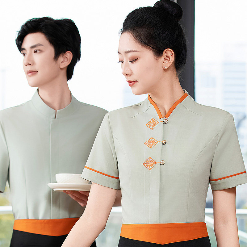 2025新款饭店工作服夏装餐厅点餐传菜制服男女短袖透气大码配桔色