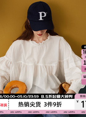 a02【100%棉】小众设计感灯笼袖花边女式衬衫春秋宽松娃娃衫上衣