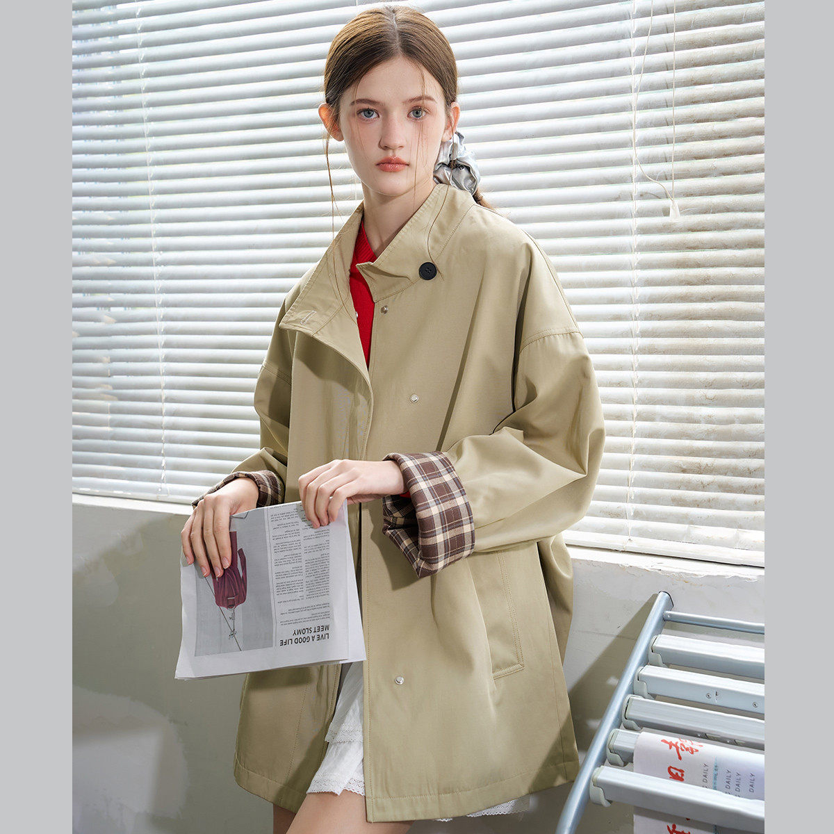 a02高级感小个子撞色宽松廓形英伦风日系大衣2026春秋女式风衣