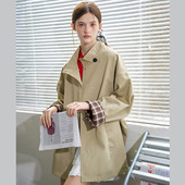 a02高级感小个子撞色宽松廓形英伦风日系大衣2025春秋女式 风衣