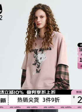 a02黑猫系列假两件宽松圆领卫衣女2026新款春季格纹长袖休闲上衣