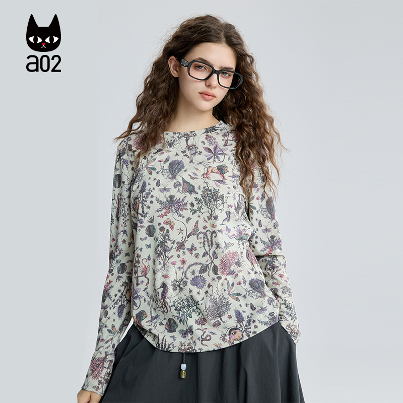 a02文艺气质宽松长袖圆领T恤女2025新款秋季设计感上衣打底衫秋装