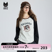 春秋设计感可爱风打底衫 a02黑猫系列宽松圆领插肩袖 T恤女2025新款