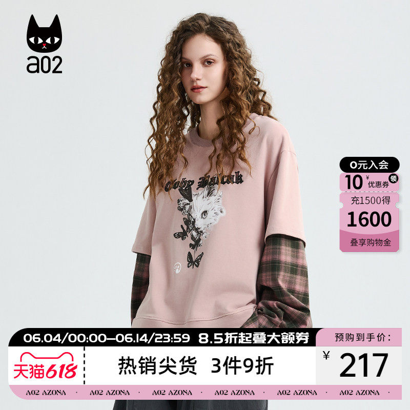 a02黑猫系列假两件宽松圆领卫衣女2026新款春季格纹长袖休闲上衣